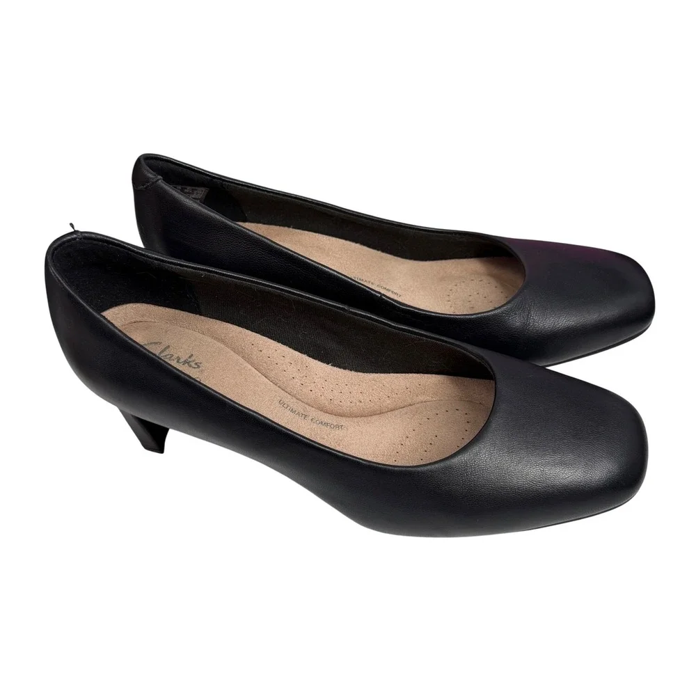 Clarks Collection Black Leather Square Toe Block Heel‎ Pumps Womens 8W